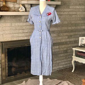 Vintage 1970s Handmade Belted Pink & Blue Pocket Dress